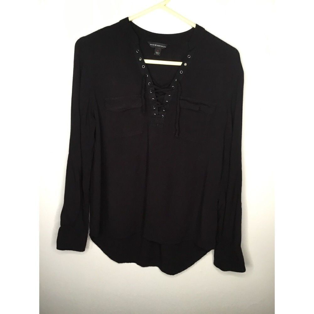 Rock and Republic‎ Women’s Size S Small Shirt Black/Navy Tie Up Long Sleeve  Top